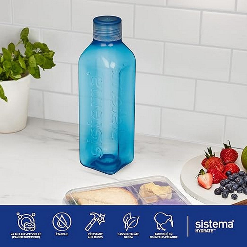 Sistema Square Bottle, Leak-Proof, Reusable Water Bottle, Space-Saving Assorted Colors, 1 Piece, 1L