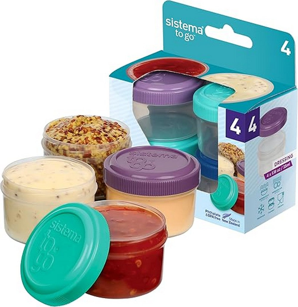Sistema Dressing To Go, Food Storage, Condiment Containers, Travel-Friendly, Compact Design, 4 Pack