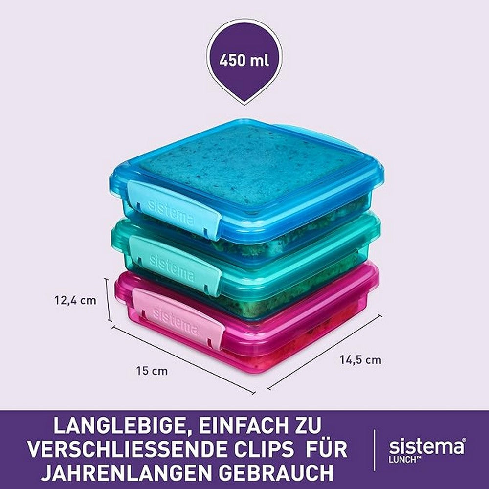 Sistema Sandwich Container, Food Storage, Durable, Compact, Lunch Containers, Stackable, Microwave Safe, 3 Pack - 450ml