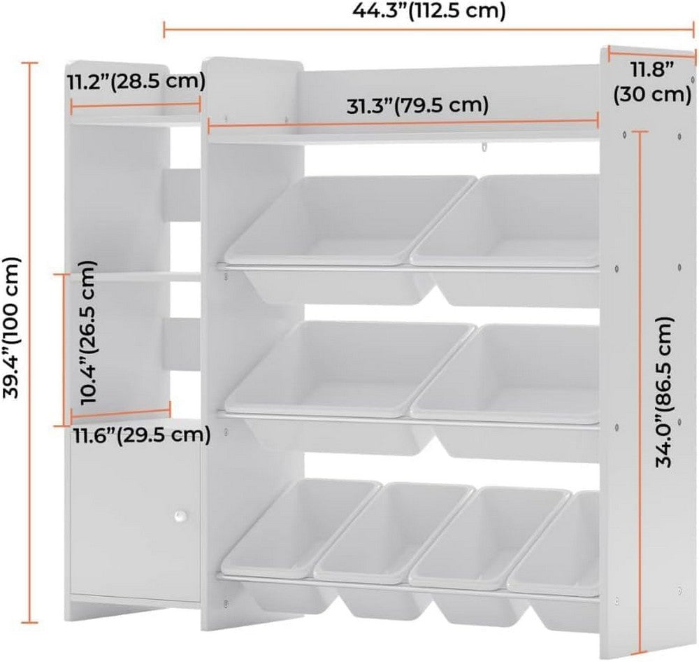 Homesmiths Kids' Toy Storage Organizer with Shelf and 8 White Bins – Perfect for Organized Playrooms (D30cm x W112.52cm x H100cm)