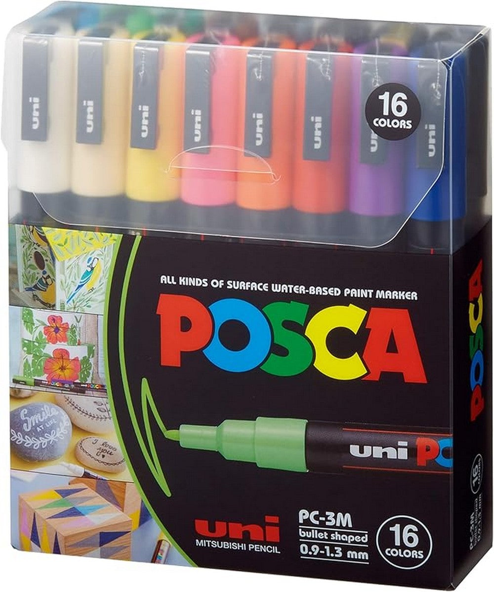 Posca Water-Based Paint Markers 3M – Set of 16 Colors, Medium Tip, Multi-Surface Markers for Crafting, Drawing & Painting