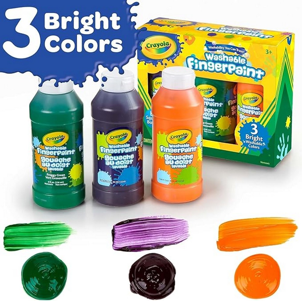 Crayola Washable Fingerpaint, 3-Count, Bright Colors, Non-Toxic, Ideal for Kids, Art Projects, Creative Supplies, Safe for Children, 8 oz