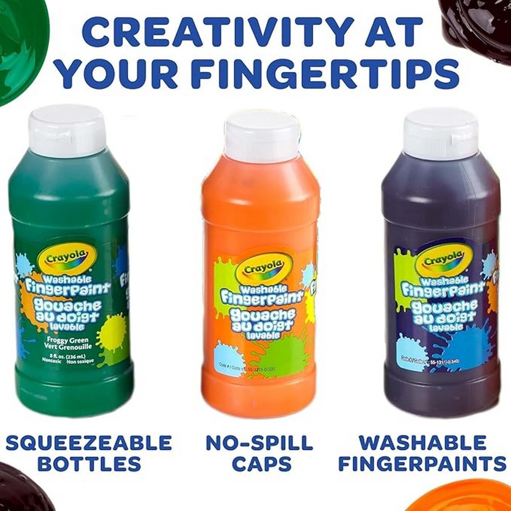 Crayola Washable Fingerpaint, 3-Count, Bright Colors, Non-Toxic, Ideal for Kids, Art Projects, Creative Supplies, Safe for Children, 8 oz