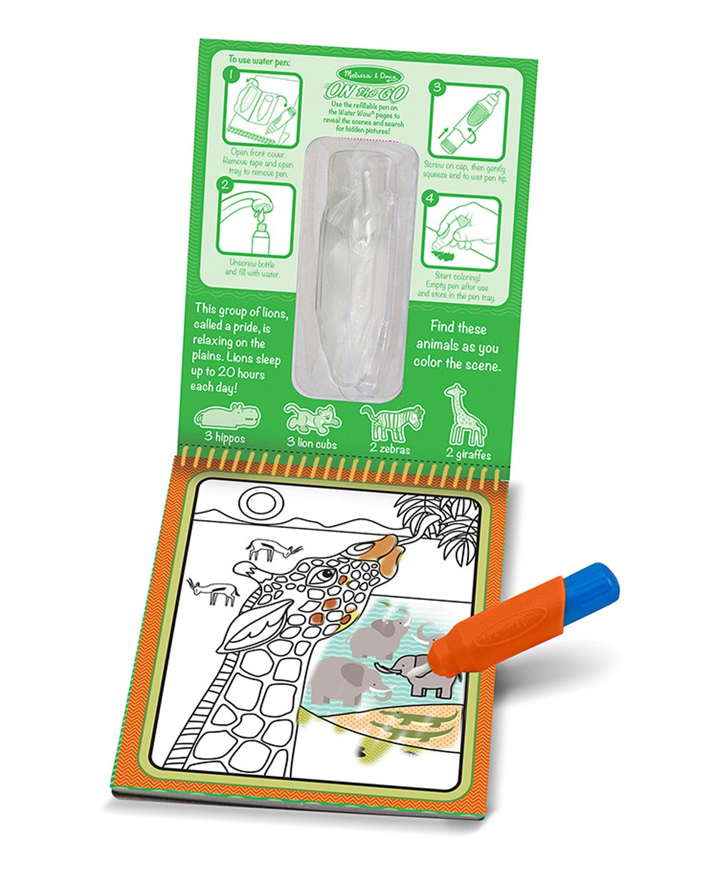 Melissa & Doug Water WOW – Safari Theme, 4 Reusable Pads with Refillable Water Pen, For Kids, Mess-Free, Non-Toxic, Ideal for Ages 3+, Educational Fun