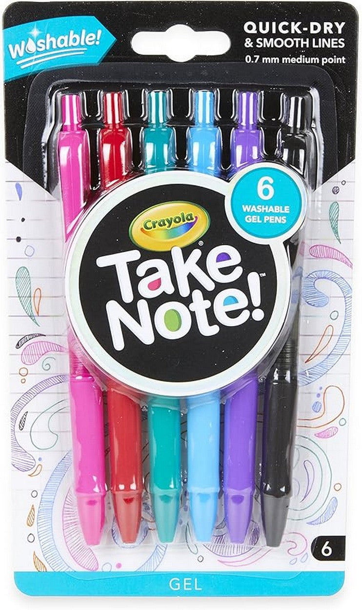 Crayola 6-Count Take Note! Washable Gel Pens - Vibrant Colors, Quick Dry and Smooth Lines, Ideal for School, Art Supplies, Quick Drying, Washable Ink