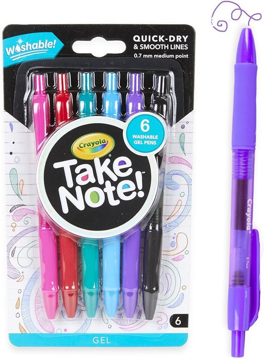Crayola 6-Count Take Note! Washable Gel Pens - Vibrant Colors, Quick Dry and Smooth Lines, Ideal for School, Art Supplies, Quick Drying, Washable Ink