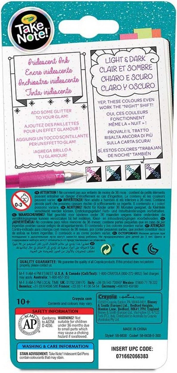 Crayola Iridescent Gel Pens, Glittery Ink for Creative Writing and Drawing, Color Change on Dark Paper, Ideal for Kids and Adult – Pack of 4