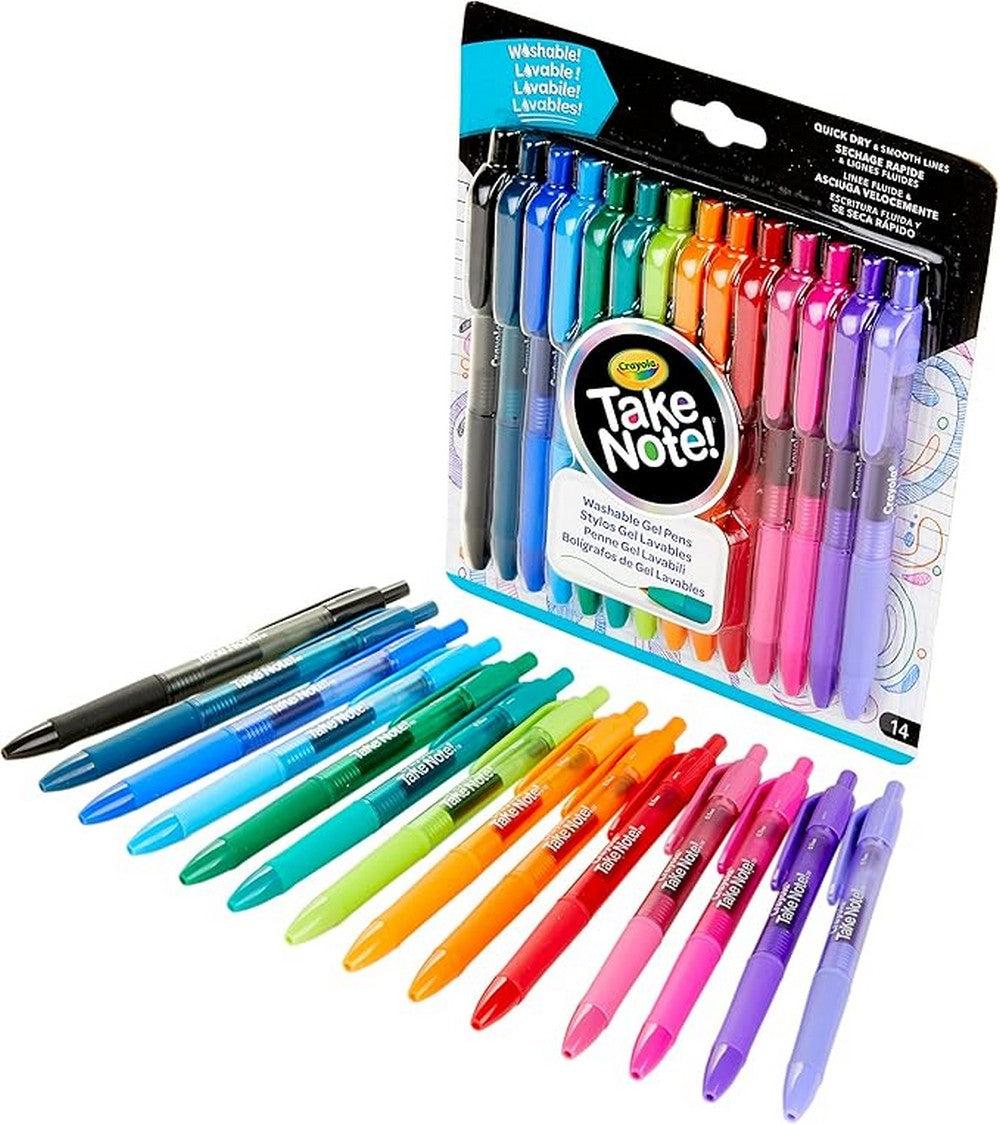 Crayola Take Note! Washable Gel Pens, Pack of 14 - Vibrant Colors, Smooth Writing, Ideal for School, Art Projects, Creative Supplies, Long-Lasting, Washable Ink