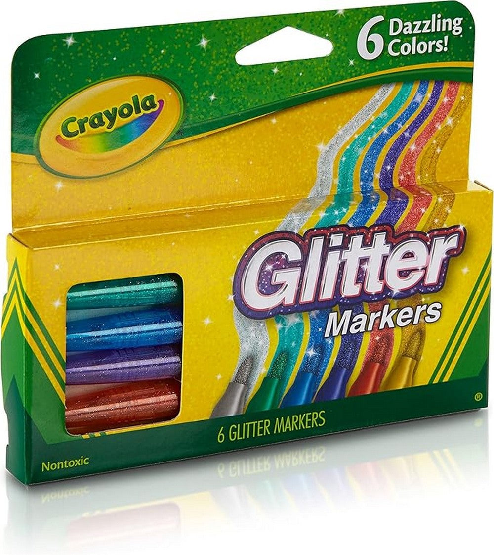 Crayola Glitter Markers - 6 Dazzling Colors, Sparkling Effect, Ideal for Art Projects, Creative Supplies, Fine Tip, Kids Art Supplies