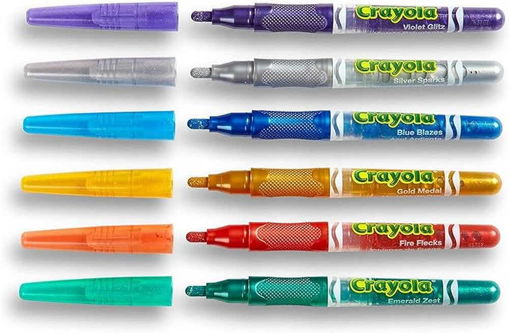 Crayola Glitter Markers - 6 Dazzling Colors, Sparkling Effect, Ideal for Art Projects, Creative Supplies, Fine Tip, Kids Art Supplies