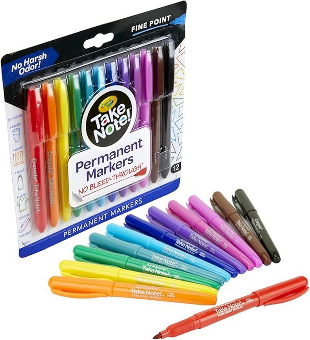 Crayola Take Note Permanent Marker, Fine Point, Applicable to write on Plastic, Wood, Metal, Fabric, Canvas and More, Pack of 12