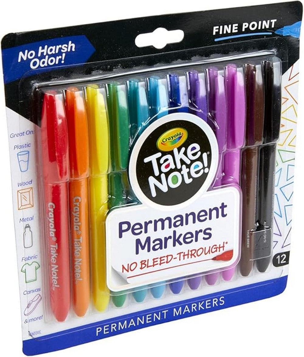 Crayola Take Note Permanent Marker, Fine Point, Applicable to write on Plastic, Wood, Metal, Fabric, Canvas and More, Pack of 12