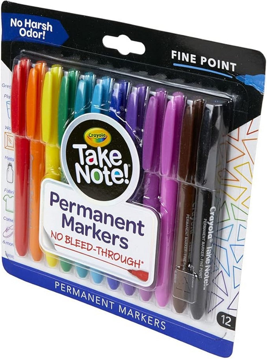 Crayola Take Note Permanent Marker, Fine Point, Applicable to write on Plastic, Wood, Metal, Fabric, Canvas and More, Pack of 12