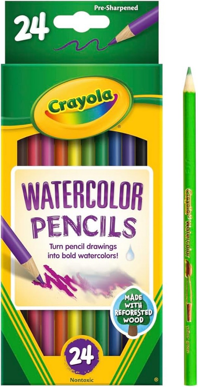 Crayola Watercolor Pencils, Vibrant Colors, Ideal for Art Projects, Creative Supplies, Drawing & Painting,Pre-Sharpened, Fine Tip - Pack of 24