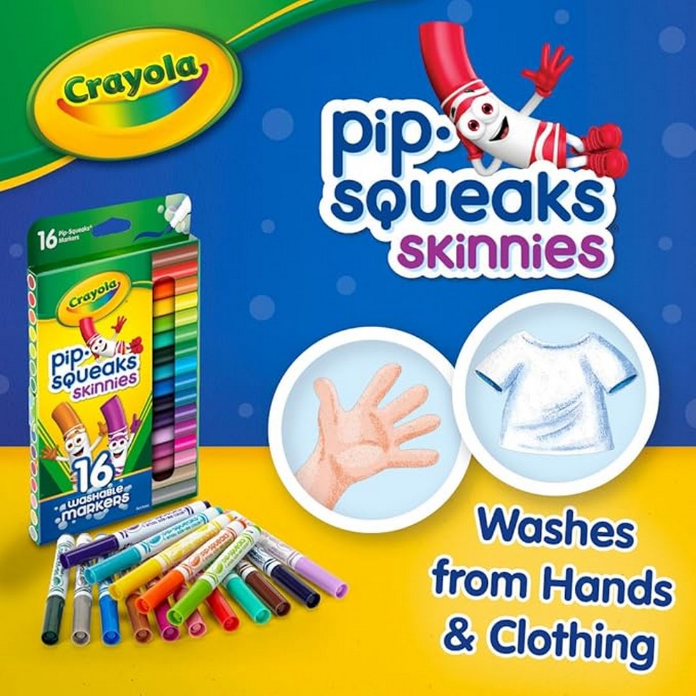 Crayola Washable Pip-Squeaks Skinnies Markers, Skinny Tip, Washable Ink, Art Projects, Creative Supplies, Pack of 16