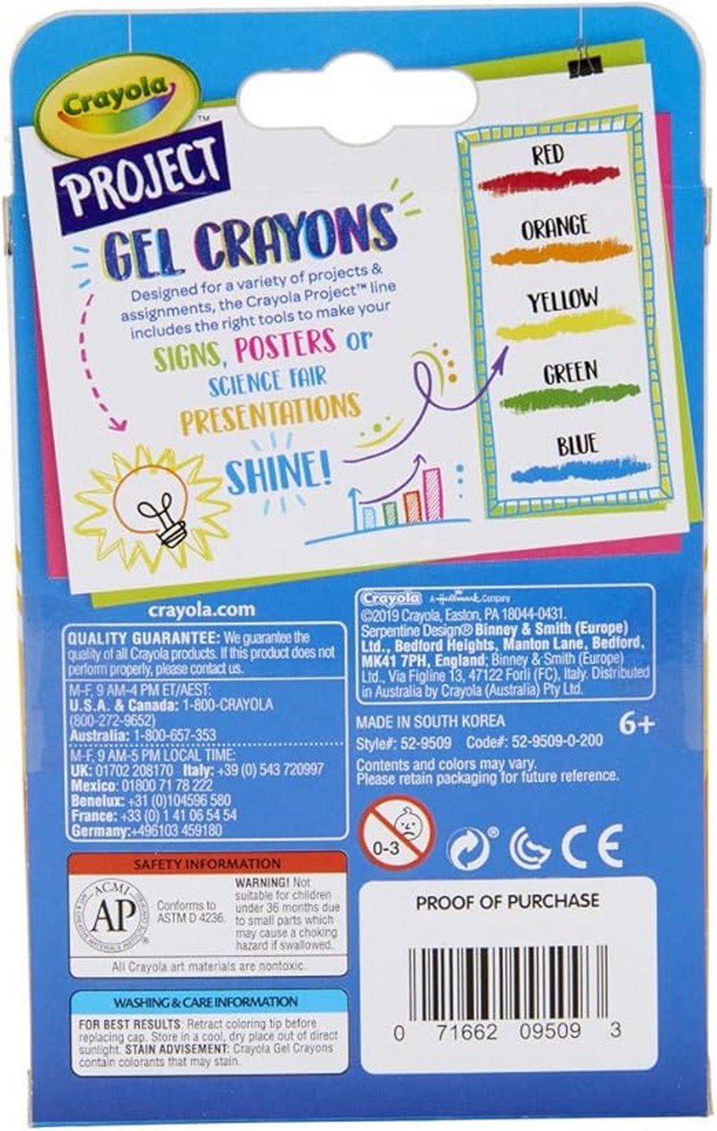 Crayola Project Gel Crayons, Pack of 5 - Vibrant Colors, Non-Toxic, Ideal for Art Projects, Creative Supplies, Washable, Durable, Kids Art Supplies