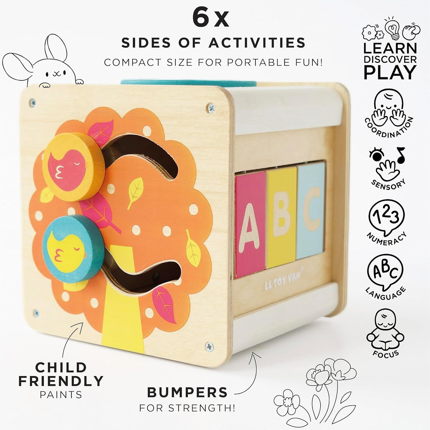 Le Toy Van Activity Wooden Cube, Multi-Function Toy for Toddlers, 5-Sided Activity Center, Shape Sorter, Bead Maze, Learning Toy for Kids