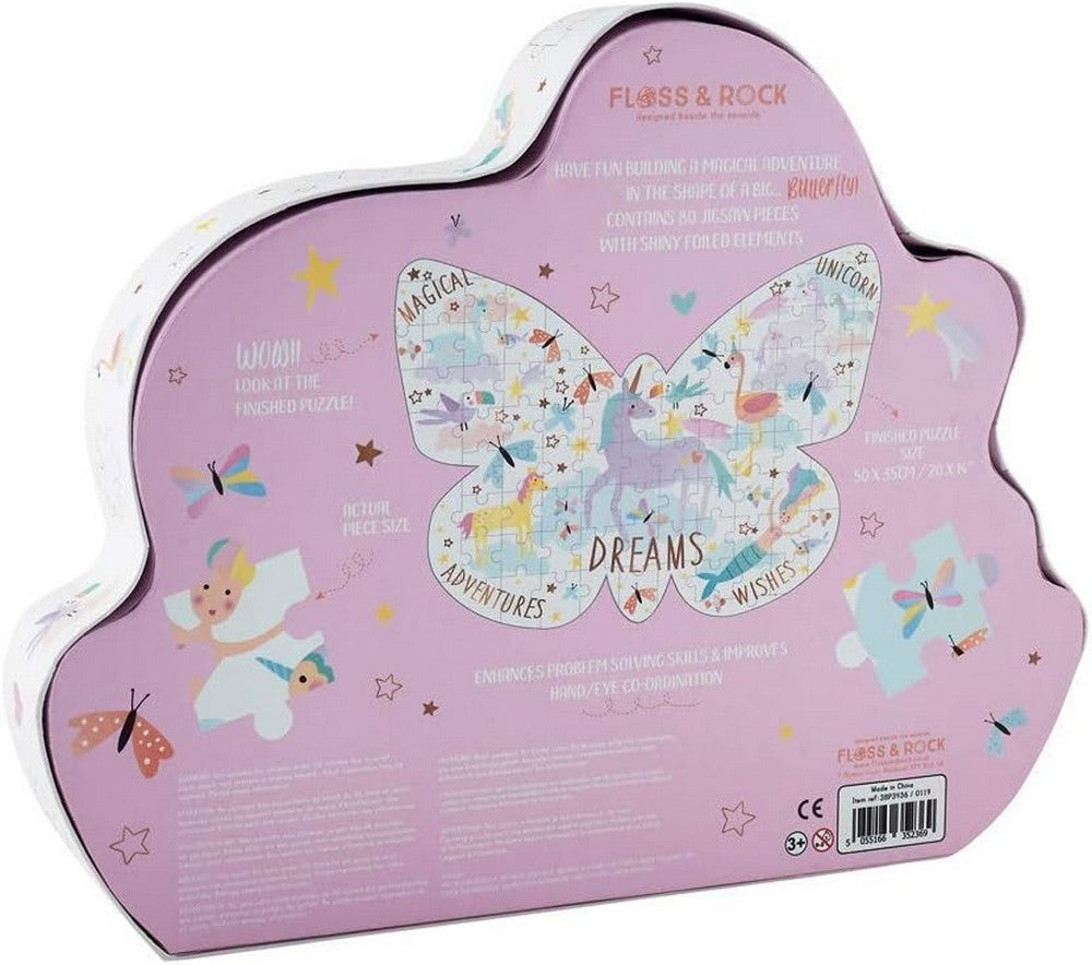 Floss & Rock Fantasy Butterfly Shaped Puzzle, 80 Pieces, Unique Jigsaw, Kids Gift, Fun Activity
