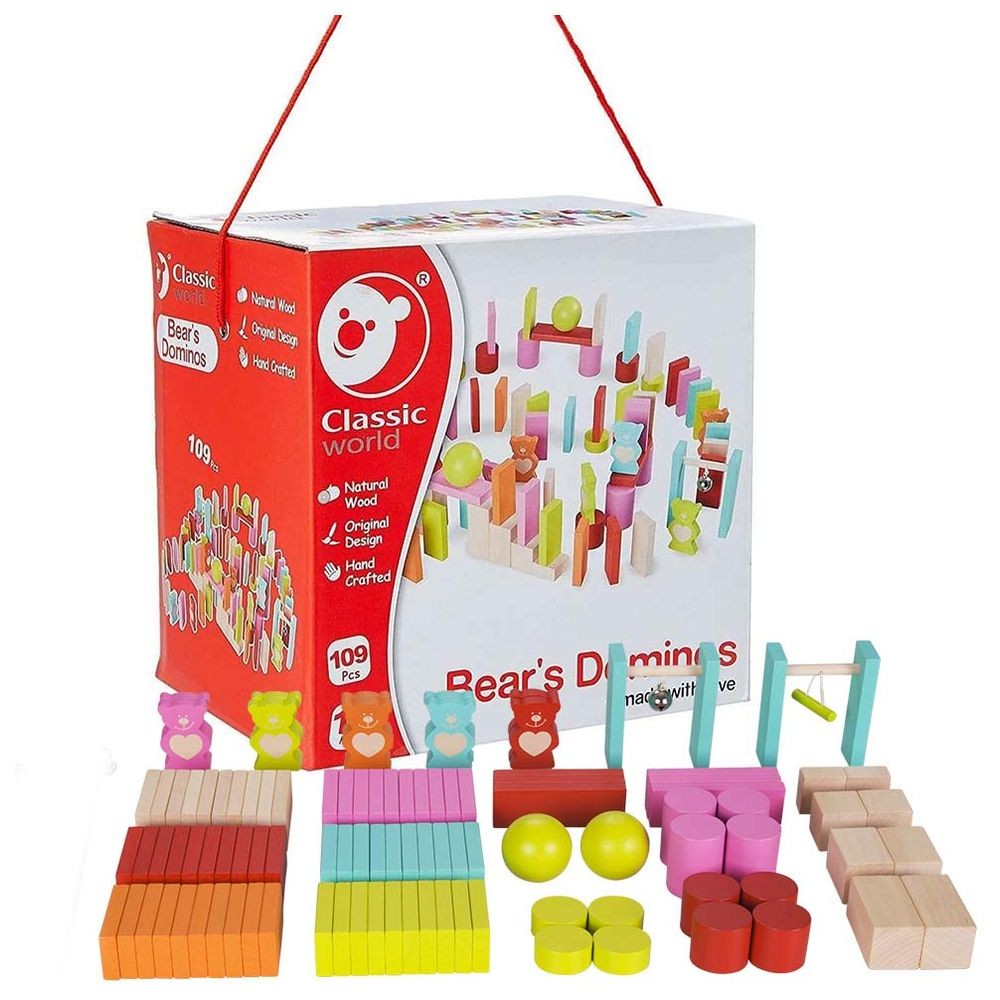 Classic World Bear's Dominoes - Wooden Domino Set, Educational Toy for Kids, Toddler Dominoes, Fine Motor Skills Development