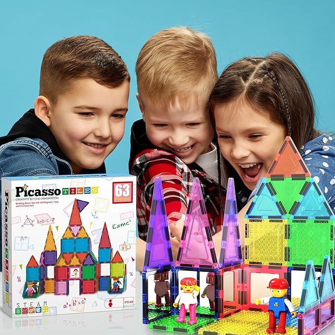 Picasso Magnetic Bricks + Tiles 63Pcs - Magnetic Building Blocks Set for Kids, Educational Construction, Creative Play, Magnetic Tiles, Brain Development, Interactive Toy Set, Fun Puzzle Blocks