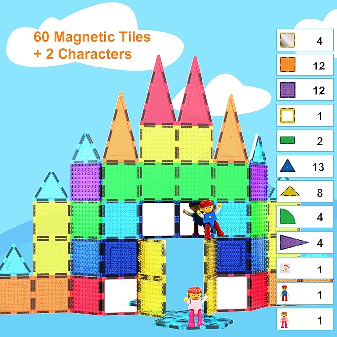 Picasso Magnetic Bricks + Tiles 63Pcs - Magnetic Building Blocks Set for Kids, Educational Construction, Creative Play, Magnetic Tiles, Brain Development, Interactive Toy Set, Fun Puzzle Blocks