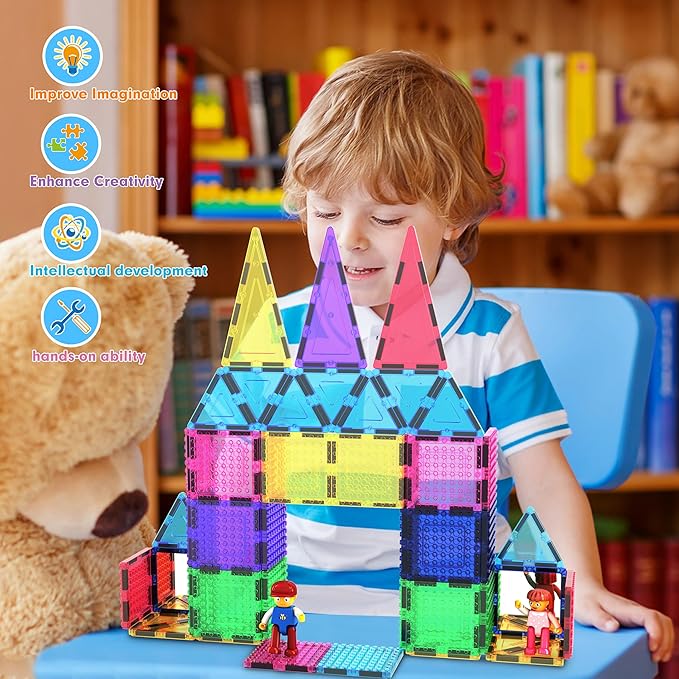 Picasso Magnetic Bricks + Tiles 63Pcs - Magnetic Building Blocks Set for Kids, Educational Construction, Creative Play, Magnetic Tiles, Brain Development, Interactive Toy Set, Fun Puzzle Blocks