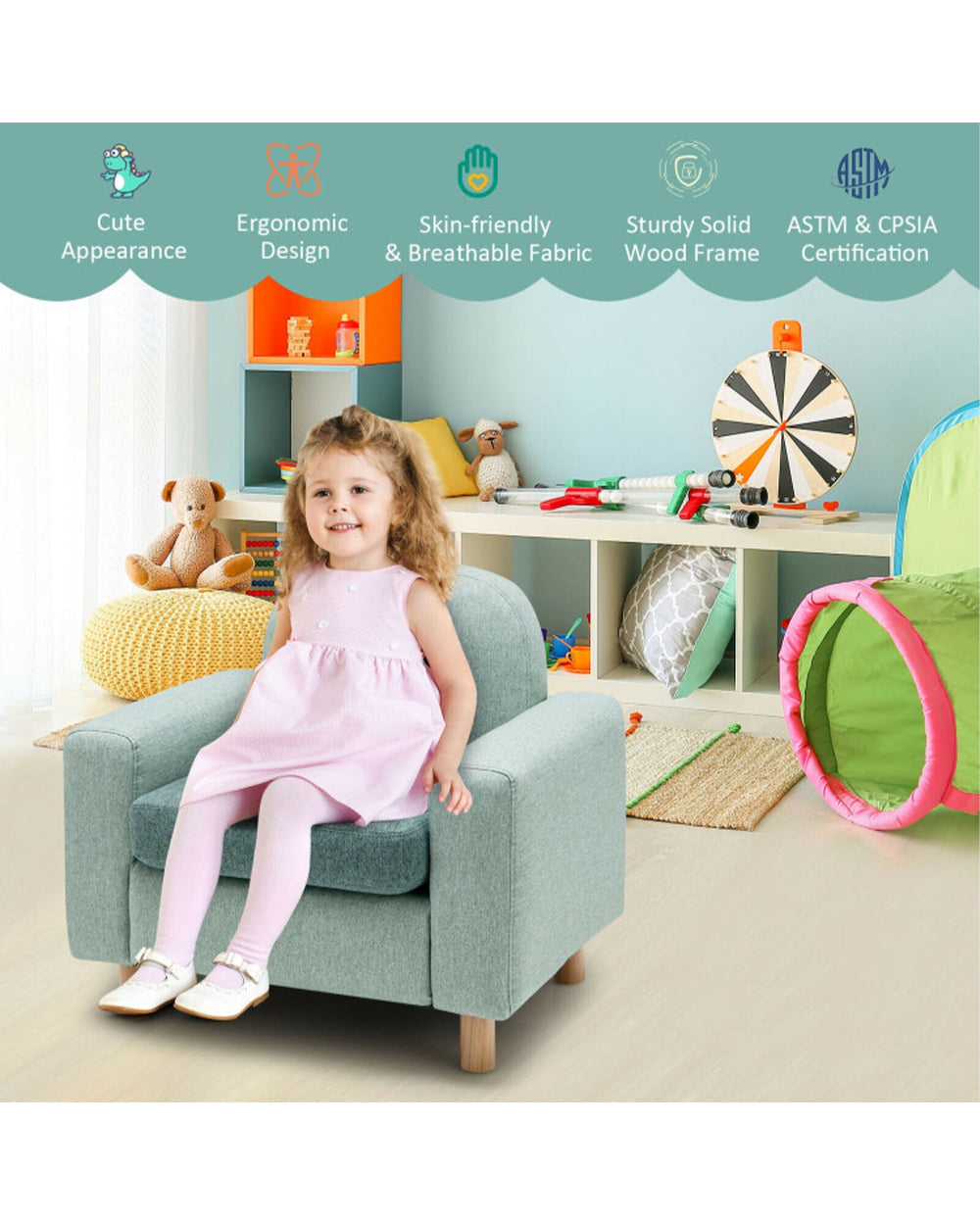 Cost Way Kids Sofa with Armrest & Thick Cushion Green