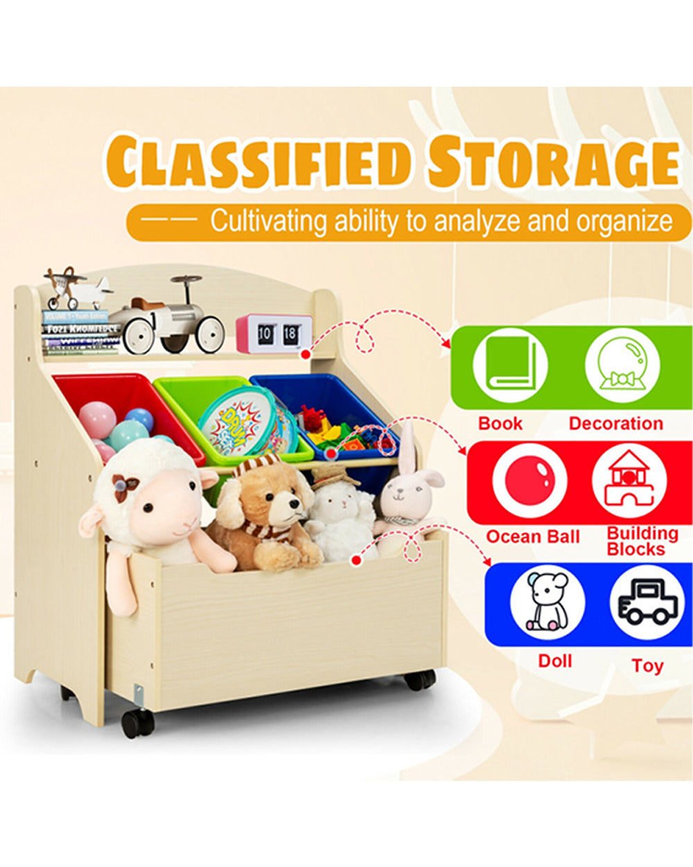 Cost Way Kids Wooden Toy Storage Unit Organizer with Rolling Toy Box & Plastic Bins
