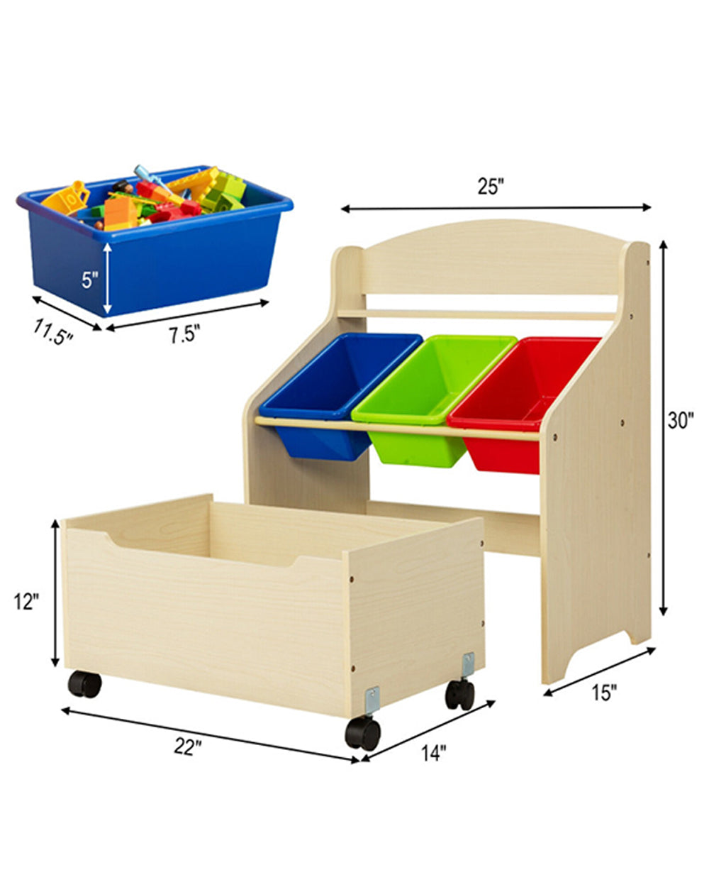 Cost Way Kids Wooden Toy Storage Unit Organizer with Rolling Toy Box & Plastic Bins