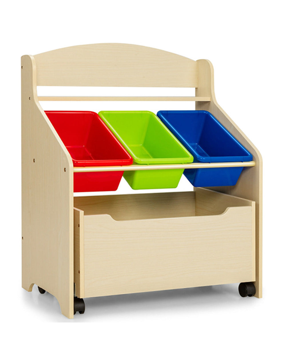 Cost Way Kids Wooden Toy Storage Unit Organizer with Rolling Toy Box & Plastic Bins