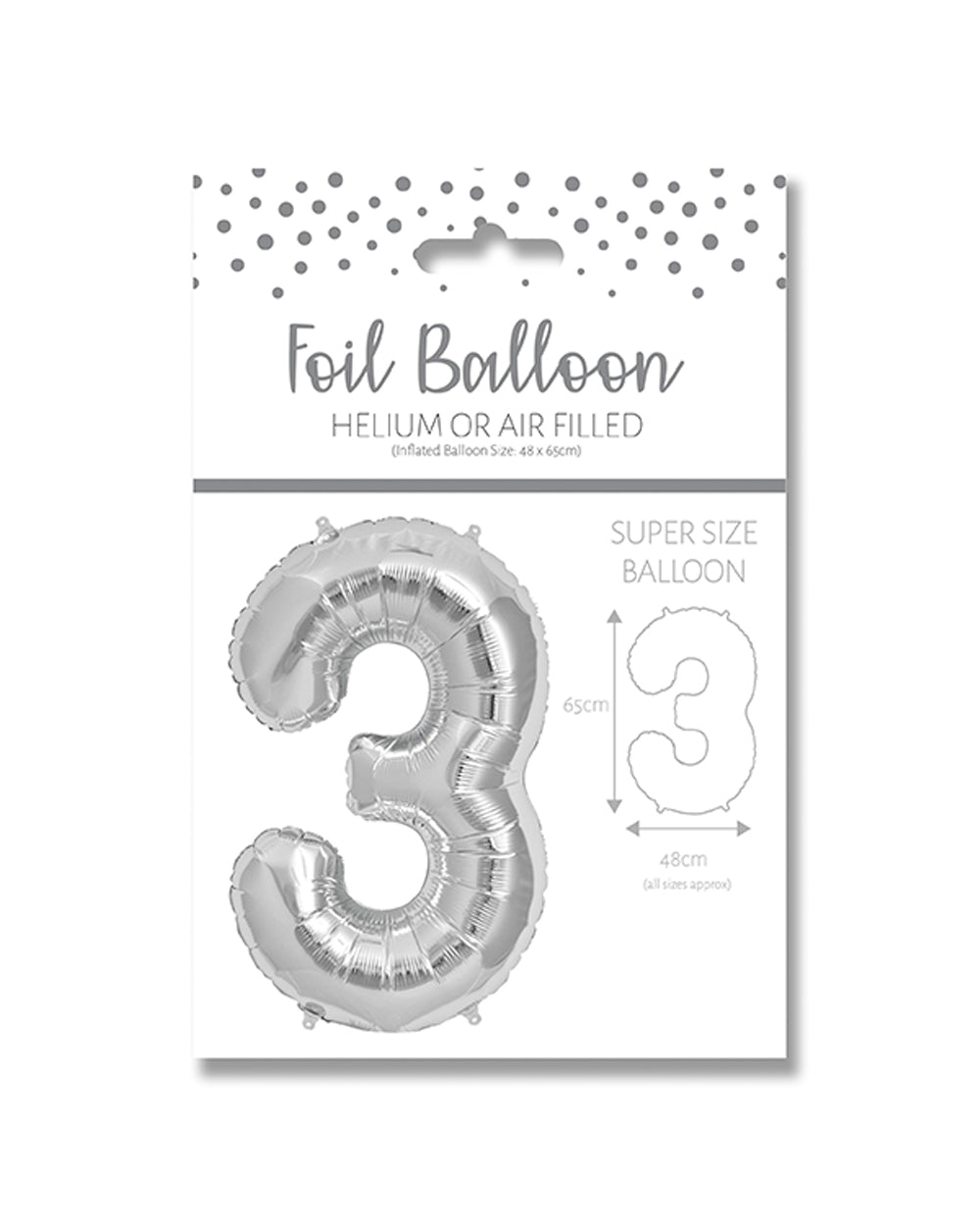 Ballunar Number 3 Silver Foil Balloon 65cm, Silver Number Balloon, Foil Balloon, Birthday Balloon, Party Decoration, Celebration Balloon