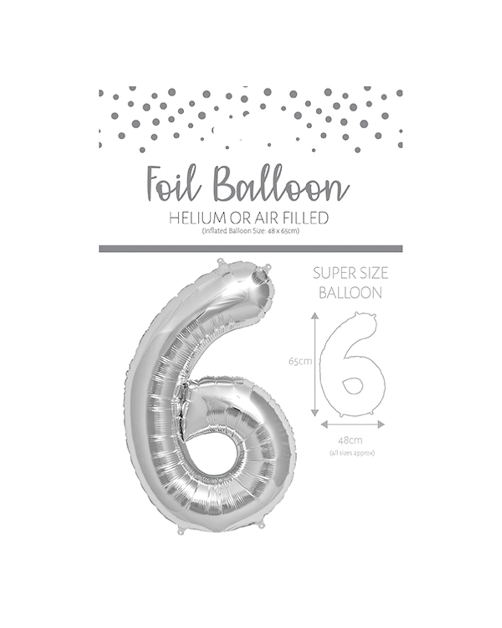 Ballunar Number 6 Silver Foil Balloon 65cm, Silver Number Balloon, Foil Balloon, Birthday Balloon, Party Decoration, Celebration Balloon