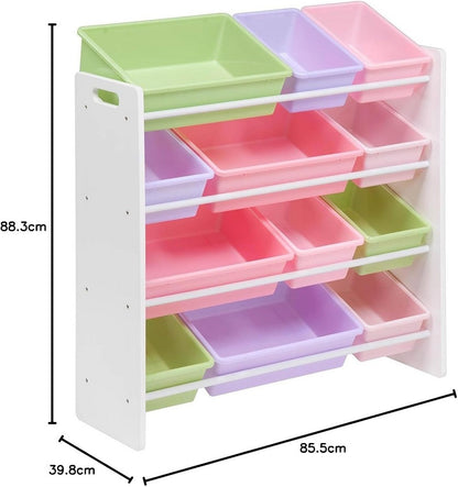 Homesmiths 4-Tier Kids' Toy Storage Organizer with Pastel Bins, White Frame – Perfect for Home, Play Schools, and Kindergarten (D39.8cm x W85.5cm x H88.3cm)