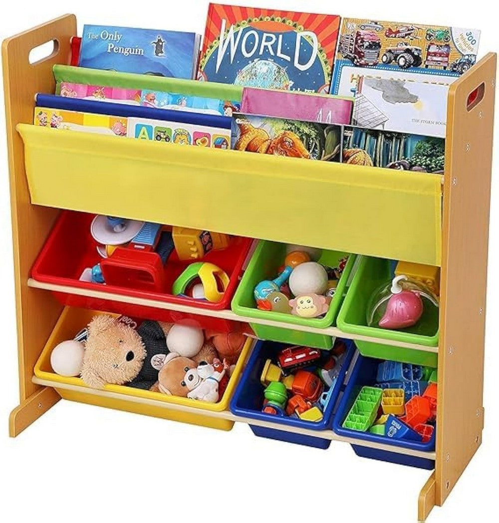 Homesmiths Wooden Toy Organizer with Book Rack for Kids, Brown Frame – 6 Multicolor Bins & 4 Sling Pockets, Ideal for Home, Play Schools, and Kindergarten (D26.5cm x W86cm x H78cm)