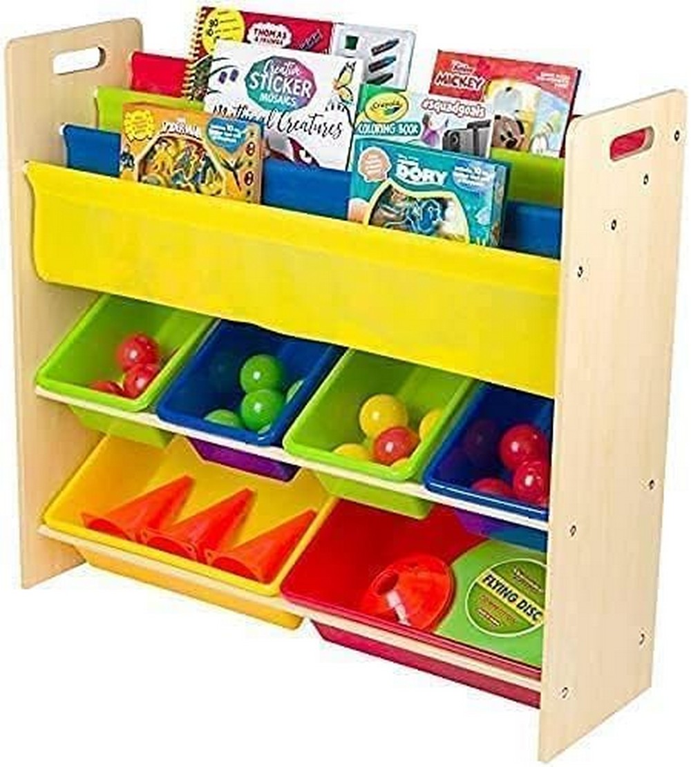 Homesmiths Wooden Toy Organizer with Book Rack for Kids, Brown Frame – 6 Multicolor Bins & 4 Sling Pockets, Ideal for Home, Play Schools, and Kindergarten (D26.5cm x W86cm x H78cm)