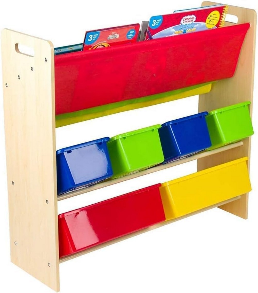 Homesmiths Wooden Toy Organizer with Book Rack for Kids, Brown Frame – 6 Multicolor Bins & 4 Sling Pockets, Ideal for Home, Play Schools, and Kindergarten (D26.5cm x W86cm x H78cm)