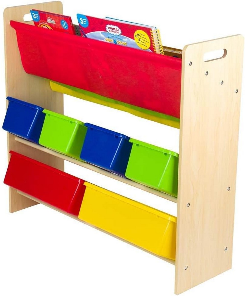 Homesmiths Wooden Toy Organizer with Book Rack for Kids, Brown Frame – 6 Multicolor Bins & 4 Sling Pockets, Ideal for Home, Play Schools, and Kindergarten (D26.5cm x W86cm x H78cm)