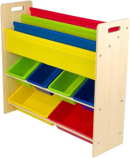 Homesmiths Wooden Toy Organizer with Book Rack for Kids, Brown Frame – 6 Multicolor Bins & 4 Sling Pockets, Ideal for Home, Play Schools, and Kindergarten (D26.5cm x W86cm x H78cm)