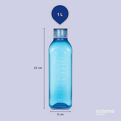 Sistema Square Bottle, Leak-Proof, Reusable Water Bottle, Space-Saving Assorted Colors, 1 Piece, 1L