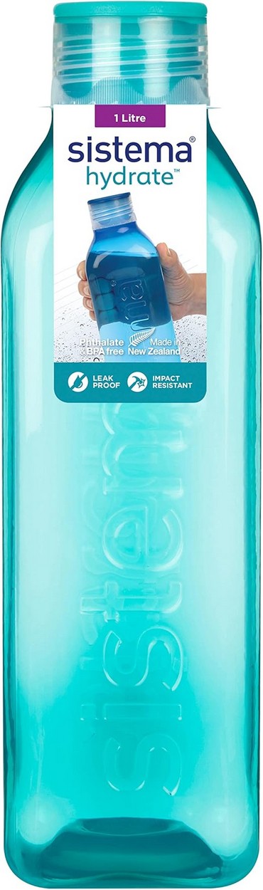 Sistema Square Bottle, Leak-Proof, Reusable Water Bottle, Space-Saving Assorted Colors, 1 Piece, 1L