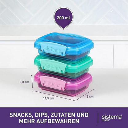 Sistema Rectangular Lunch Box, Leak-Proof, Durable, Reusable, Food Storage, Coloured, Pack Of 3 - 200ml