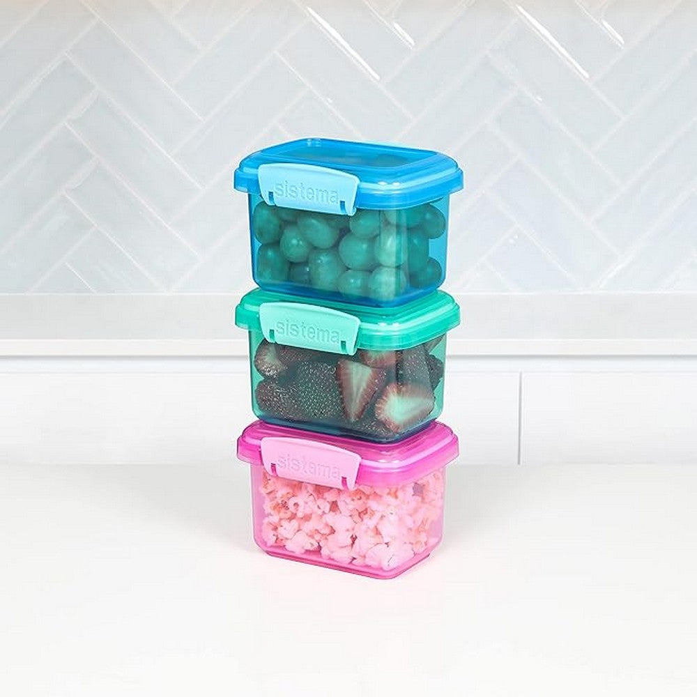 Sistema Rectangular Lunch Box, Leak-Proof, Reusable, Durable, Food Storage, Microwave Safe, Coloured, Pack of 3, 400ml