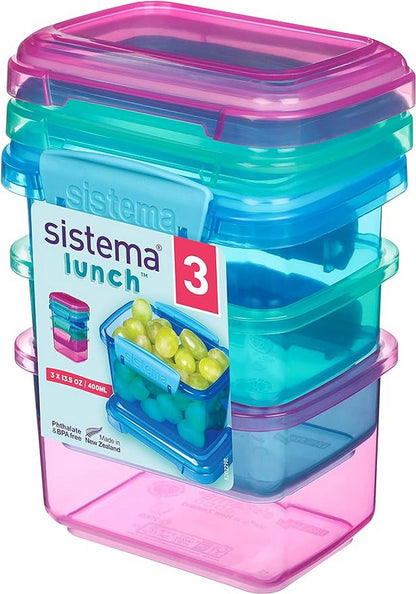 Sistema Rectangular Lunch Box, Leak-Proof, Reusable, Durable, Food Storage, Microwave Safe, Coloured, Pack of 3, 400ml