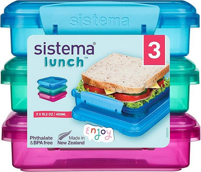 Sistema Sandwich Container, Food Storage, Durable, Compact, Lunch Containers, Stackable, Microwave Safe, 3 Pack -  450ml