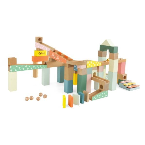 Classic World Wooden Marble Maze Blocks it’s a wooden marble run construction set for toddlers