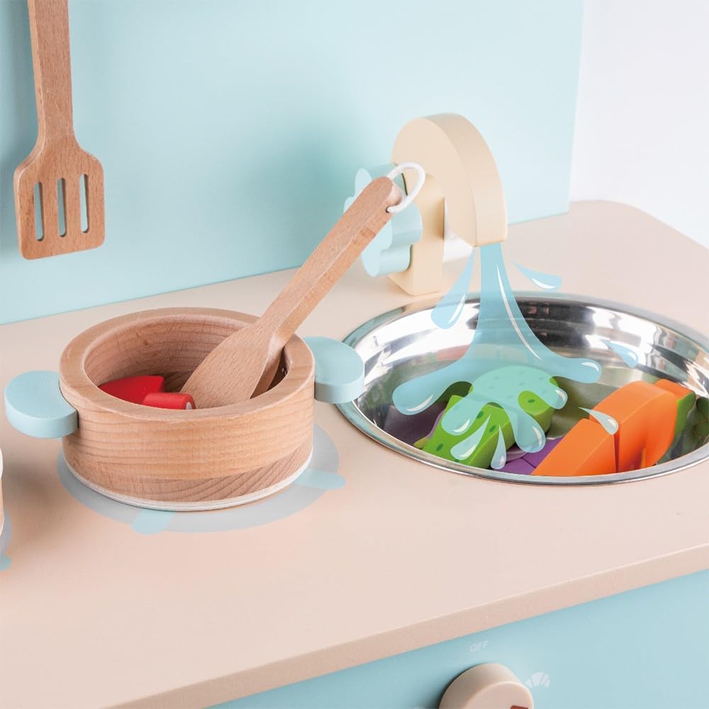 Classic World Blue Retro Kitchen: Spark Nostalgic Fun, it’s a wooden kitchen set for toddlers and role-playing toys