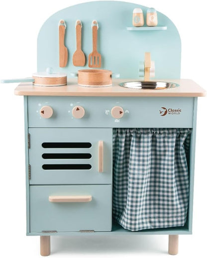 Classic World Blue Retro Kitchen: Spark Nostalgic Fun, it’s a wooden kitchen set for toddlers and role-playing toys