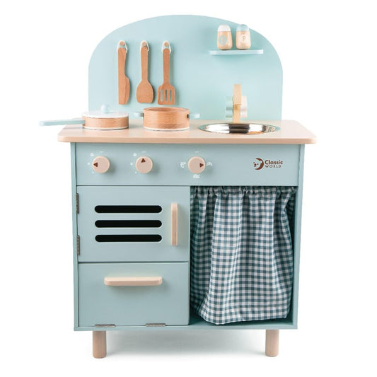 Classic World Blue Retro Kitchen: Spark Nostalgic Fun, it’s a wooden kitchen set for toddlers and role-playing toys