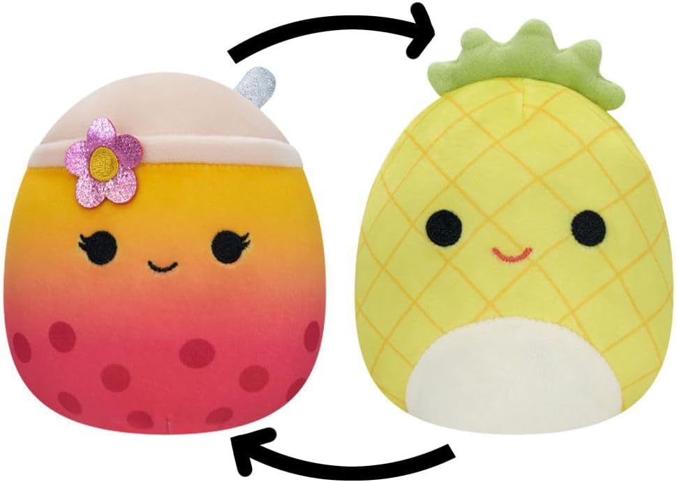 Squishmallow 5" Flip-A-Mallows Bergit Pink and Orange Gradient Boba/Maui Yellow Pineapple w Green Top and White Belly