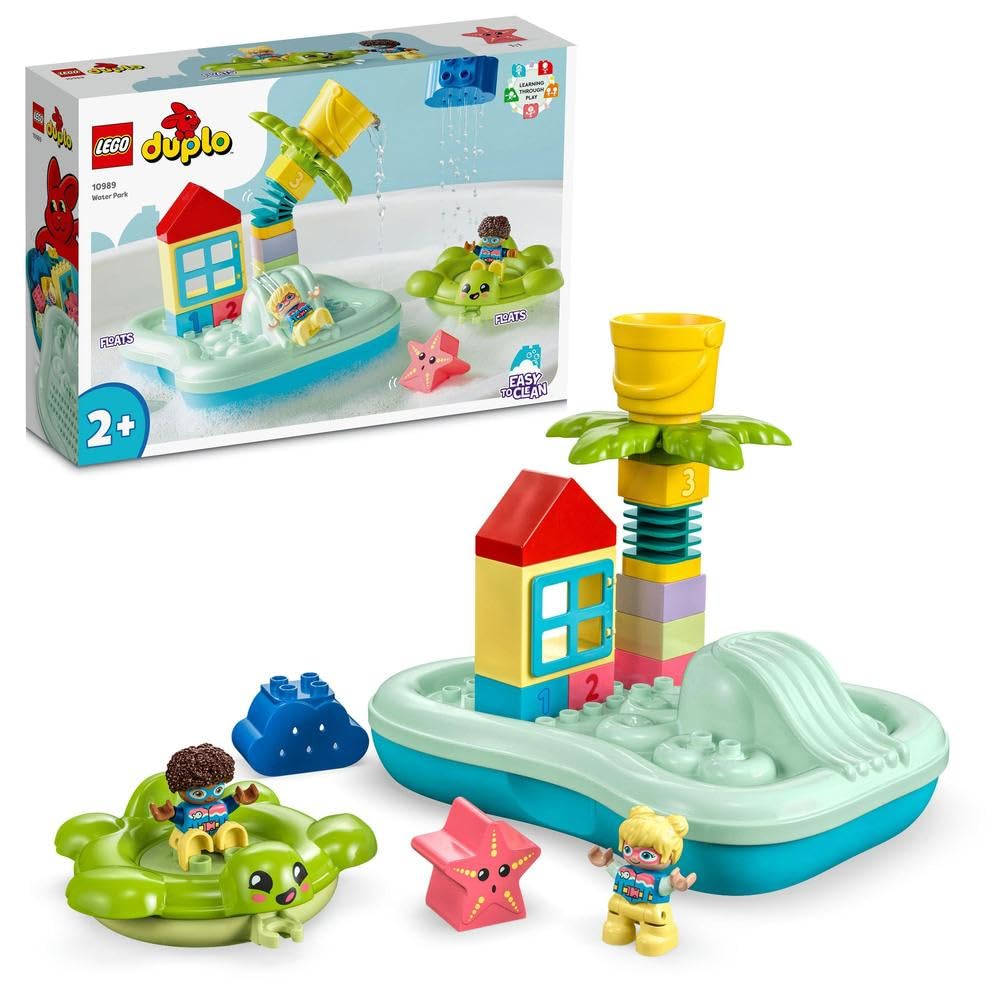 LEGO 10989 DUPLO Water Park Bath Toy for Toddlers Aged 2+ Years Old, with Floating Island, Turtle and Star Fish Sea Animal Figures, Easy to Clean Bathtub Water Toys